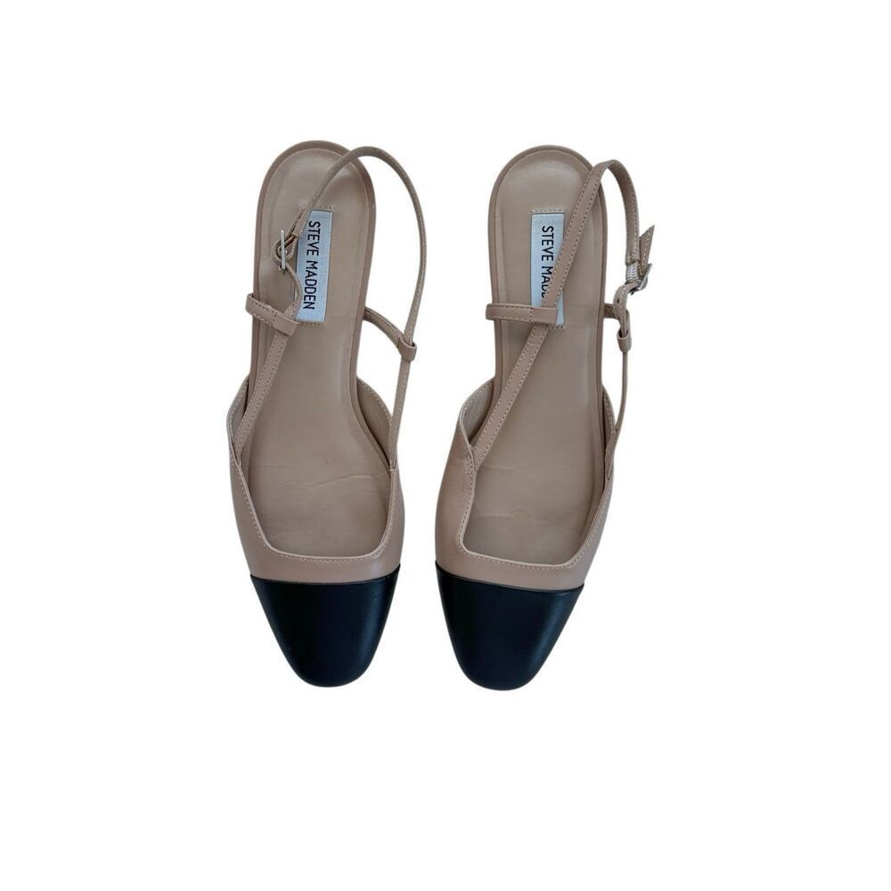 Steve Madden Womens Beige Black Cap Toe Leather Slingback Flat Sandals Size 8.5